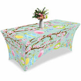 Aperturee - Aperturee Happy Easter Colorful Eggs On Teal Stretch Table Cover